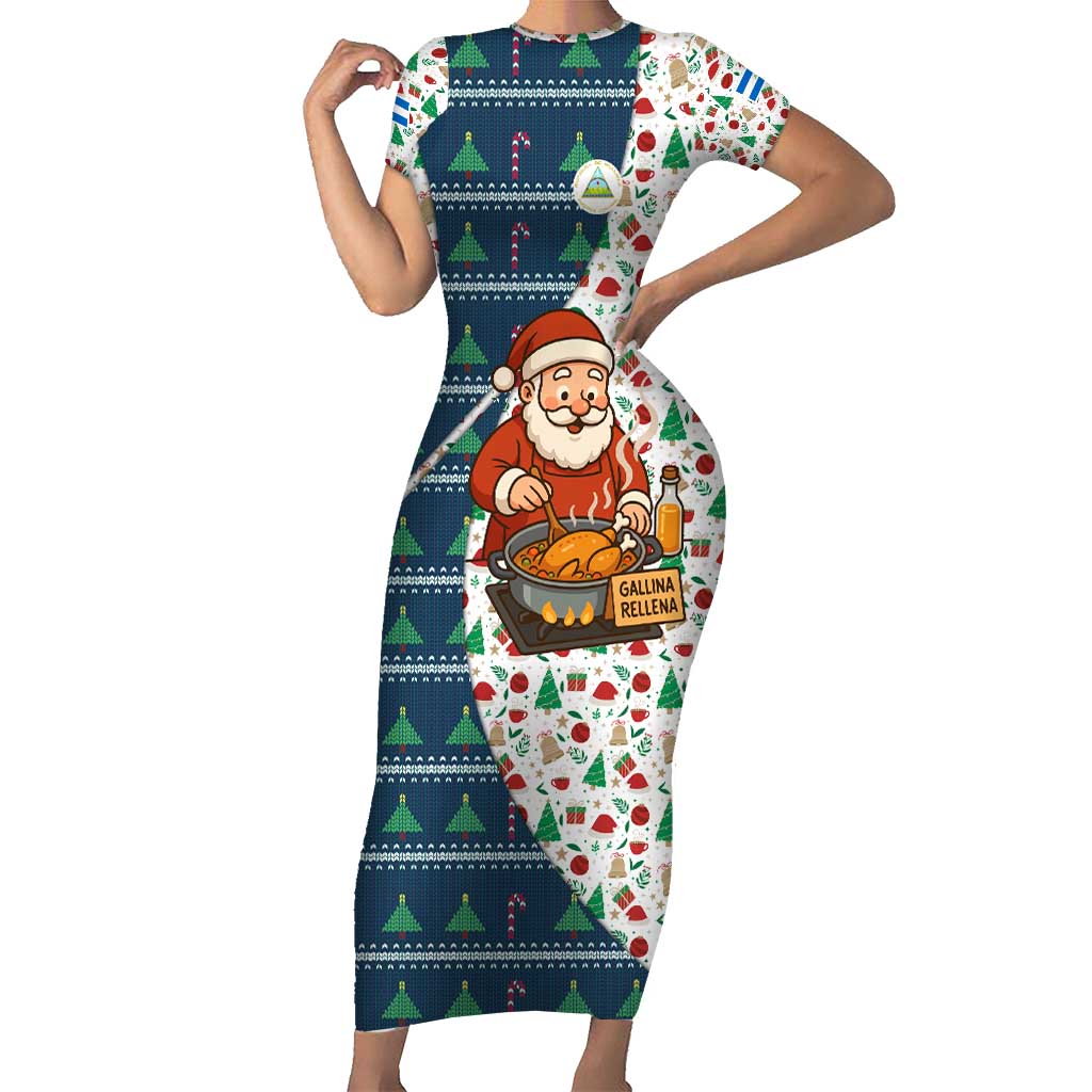 Nicaragua Christmas Short Sleeve Bodycon Dress with Santa Cooking Gallina Rellena Tree Flag and Festive Icons Design - Wonder Print Shop