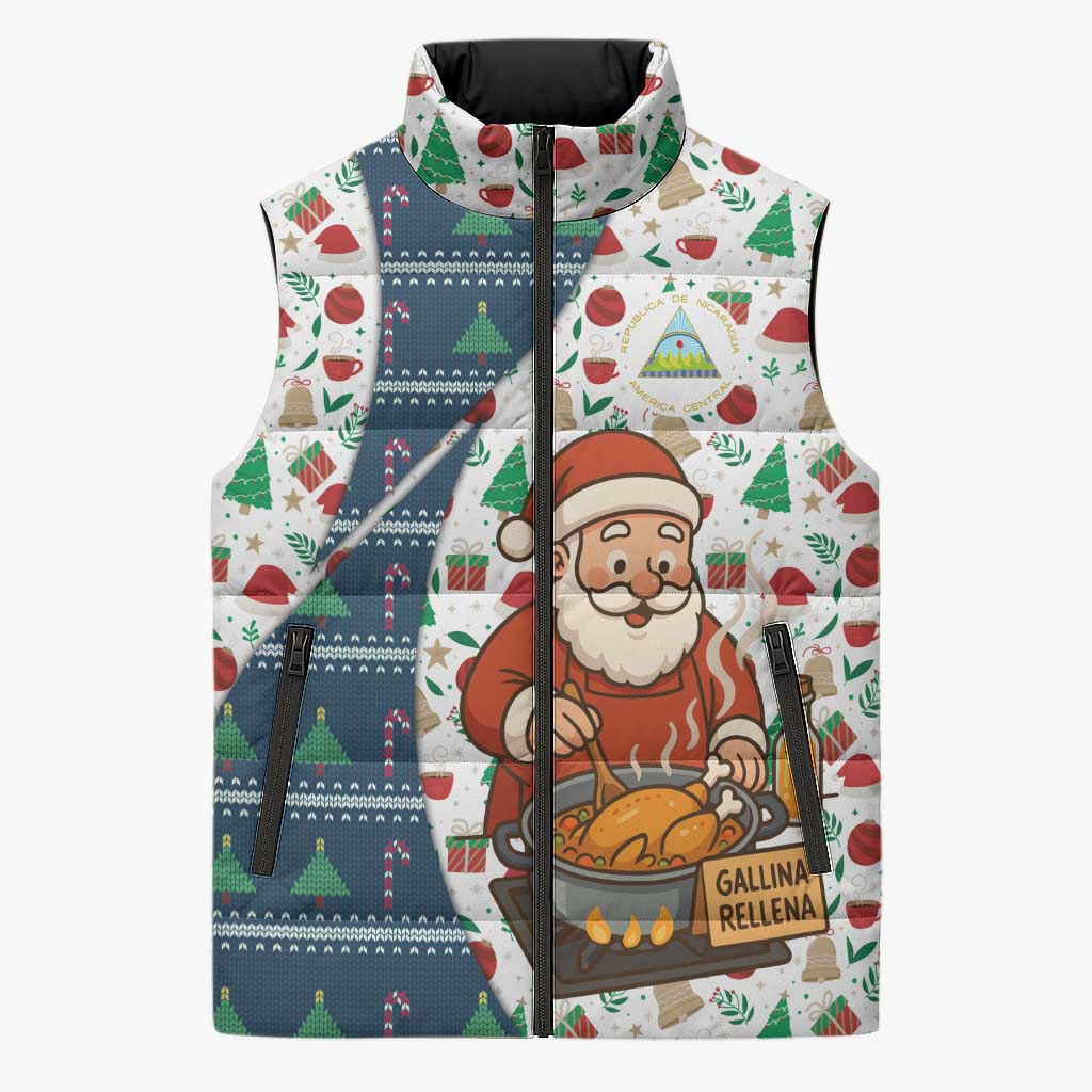 Nicaragua Christmas Sleeveless Puffer Jacket with Santa Cooking Gallina Rellena Tree Flag and Festive Icons Design - Wonder Print Shop