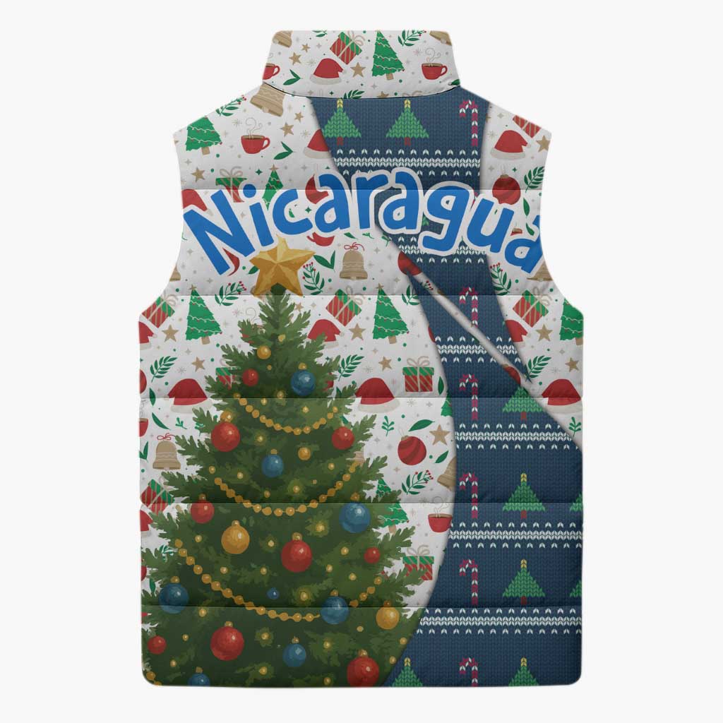 Nicaragua Christmas Sleeveless Puffer Jacket with Santa Cooking Gallina Rellena Tree Flag and Festive Icons Design - Wonder Print Shop