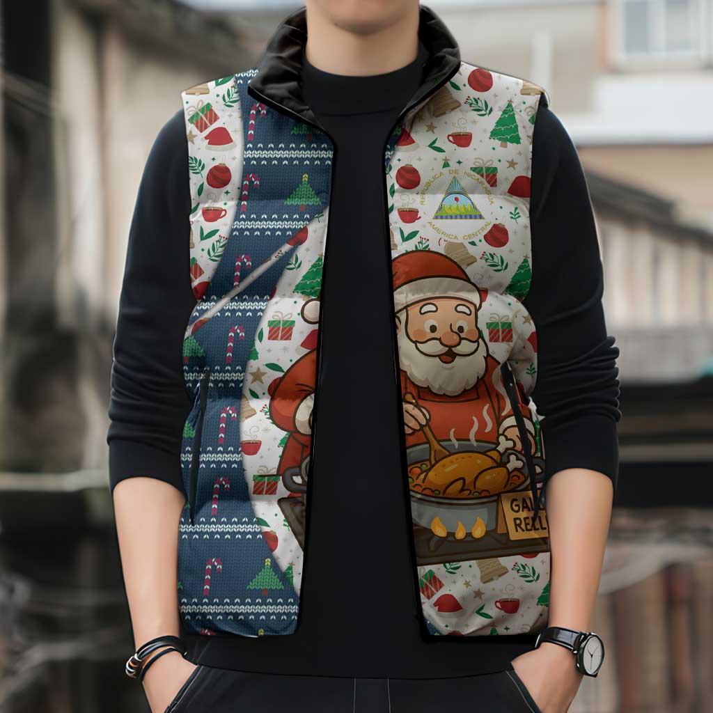 Nicaragua Christmas Sleeveless Puffer Jacket with Santa Cooking Gallina Rellena Tree Flag and Festive Icons Design - Wonder Print Shop