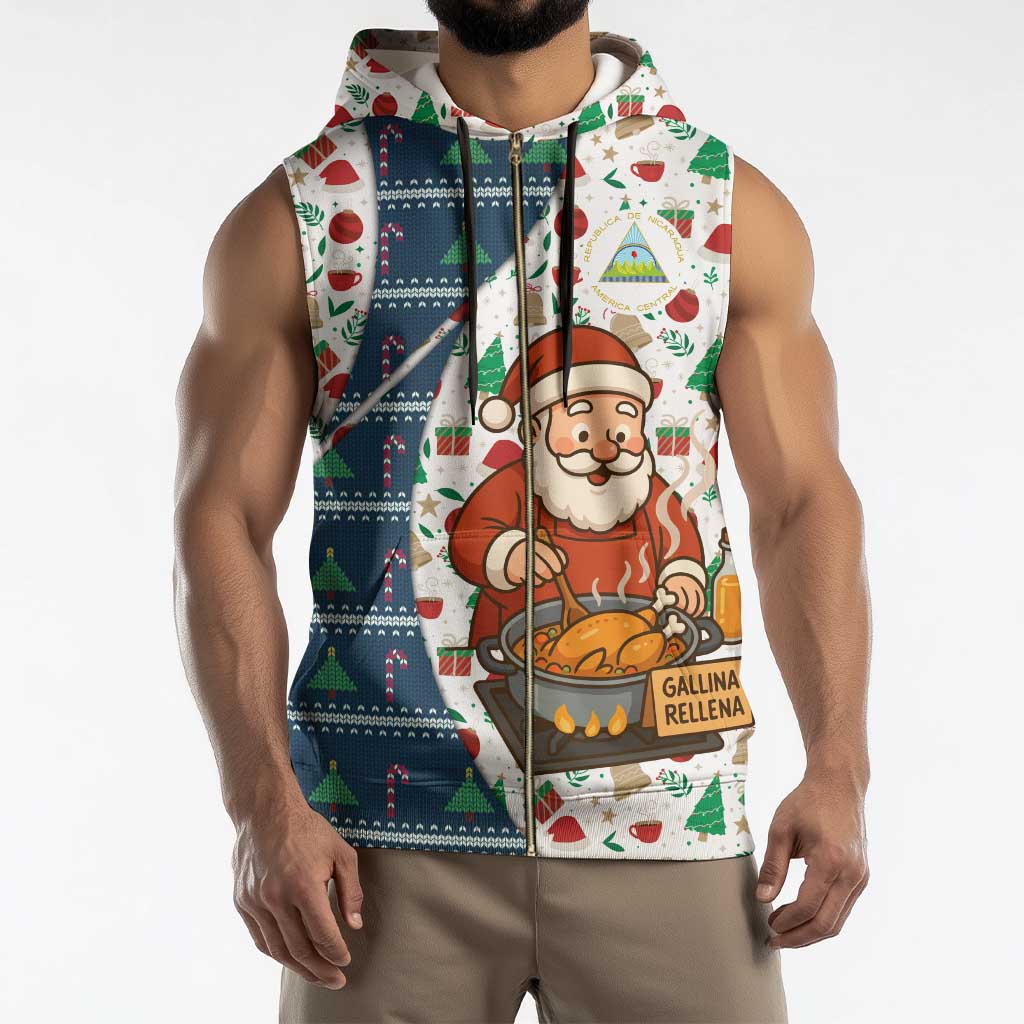 Nicaragua Christmas Sleeveless Zip Hoodie with Santa Cooking Gallina Rellena Tree Flag and Festive Icons Design - Wonder Print Shop