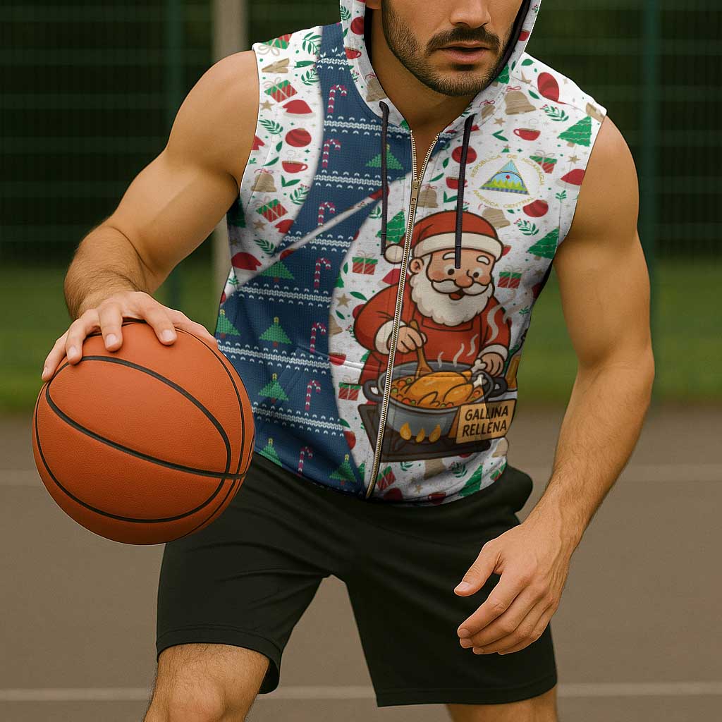 Nicaragua Christmas Sleeveless Zip Hoodie with Santa Cooking Gallina Rellena Tree Flag and Festive Icons Design - Wonder Print Shop