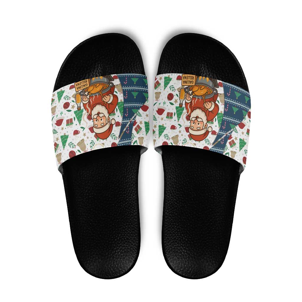 Nicaragua Christmas Slide Sandals with Santa Cooking Gallina Rellena Tree Flag and Festive Icons Design - Wonder Print Shop