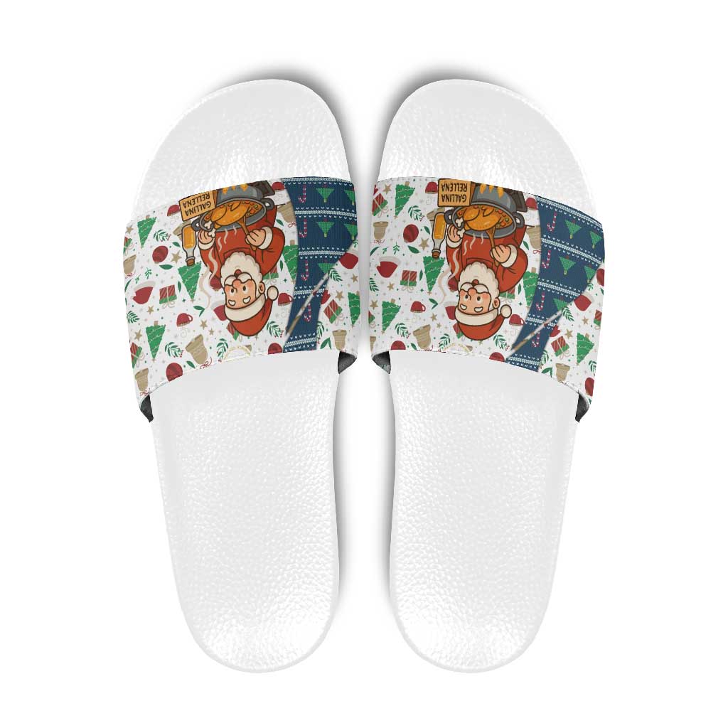 Nicaragua Christmas Slide Sandals with Santa Cooking Gallina Rellena Tree Flag and Festive Icons Design - Wonder Print Shop