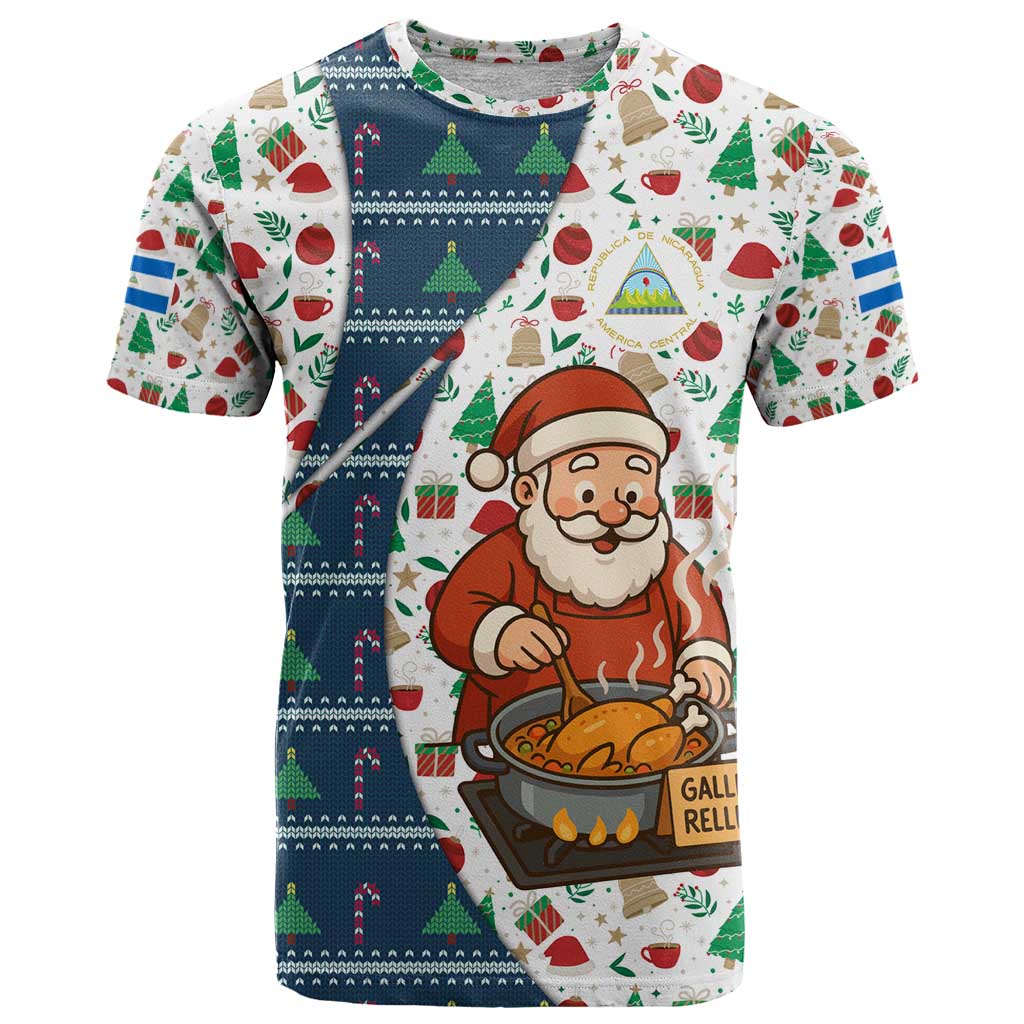 Nicaragua Christmas T Shirt with Santa Cooking Gallina Rellena Tree Flag and Festive Icons Design - Wonder Print Shop