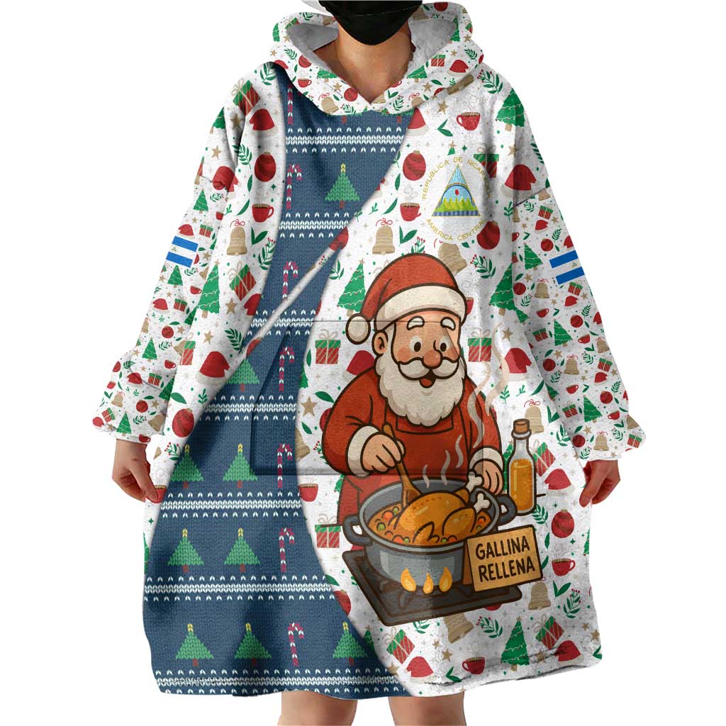 Nicaragua Christmas Wearable Blanket Hoodie with Santa Cooking Gallina Rellena Tree Flag and Festive Icons Design - Wonder Print Shop