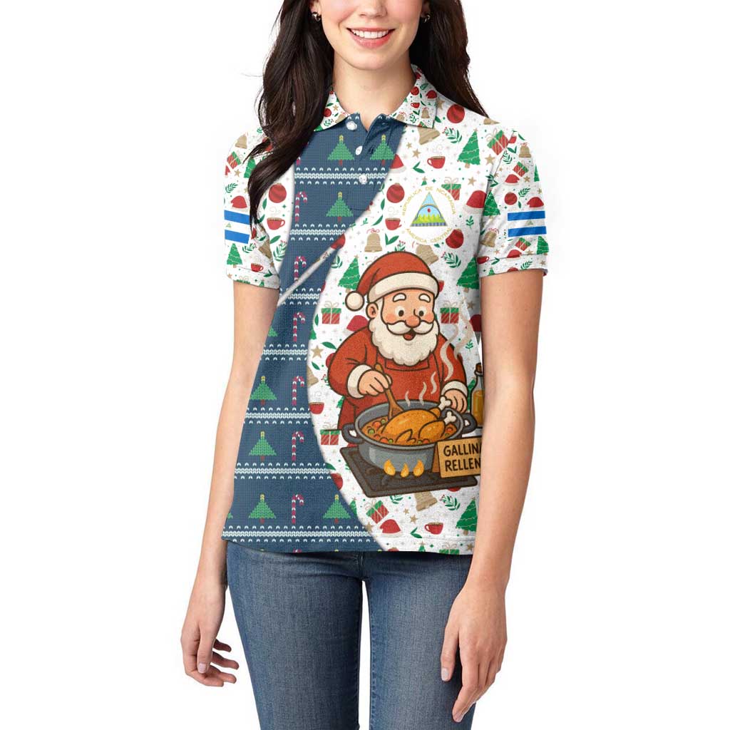 Nicaragua Christmas Women Polo Shirt with Santa Cooking Gallina Rellena Tree Flag and Festive Icons Design - Wonder Print Shop