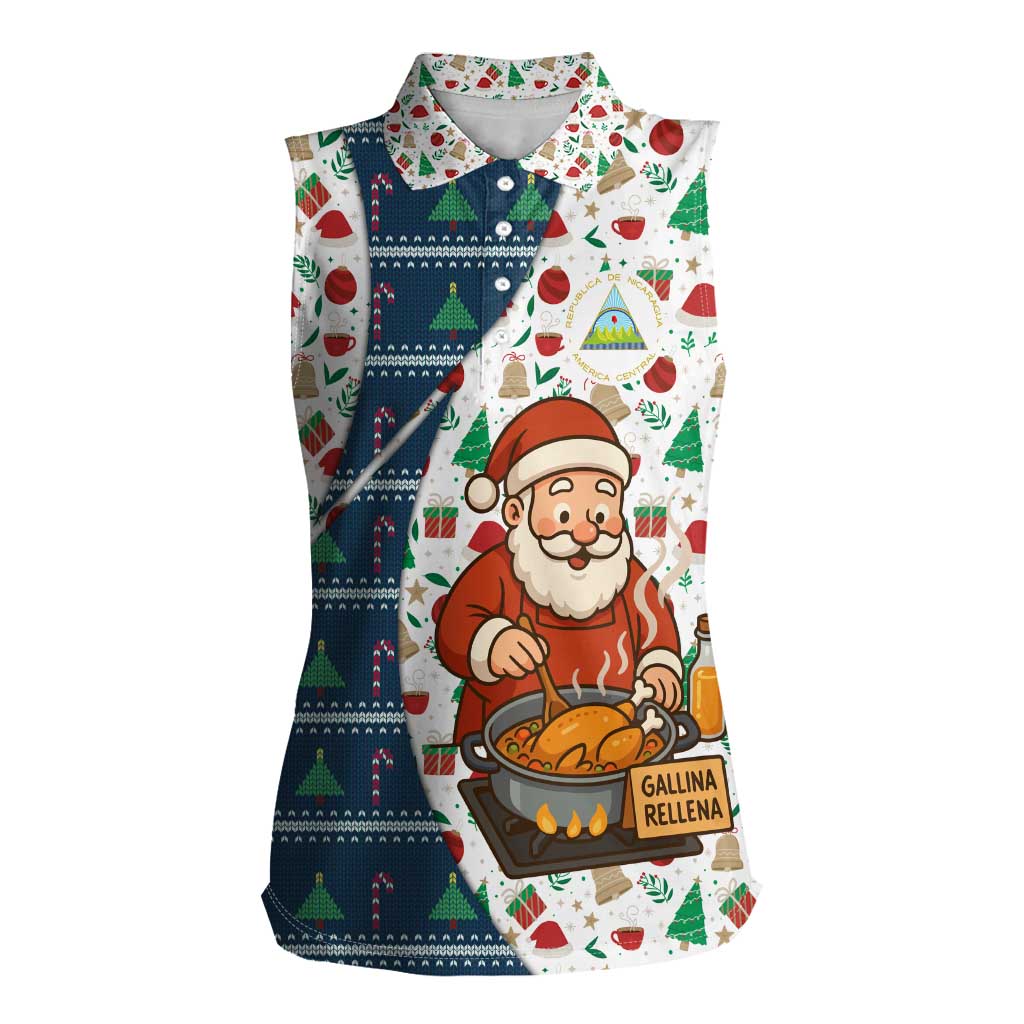 Nicaragua Christmas Women Sleeveless Polo Shirt with Santa Cooking Gallina Rellena Tree Flag and Festive Icons Design - Wonder Print Shop