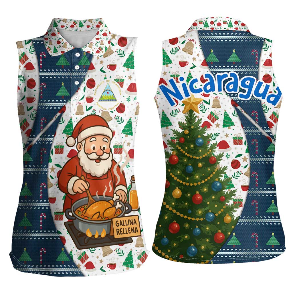 Nicaragua Christmas Women Sleeveless Polo Shirt with Santa Cooking Gallina Rellena Tree Flag and Festive Icons Design - Wonder Print Shop