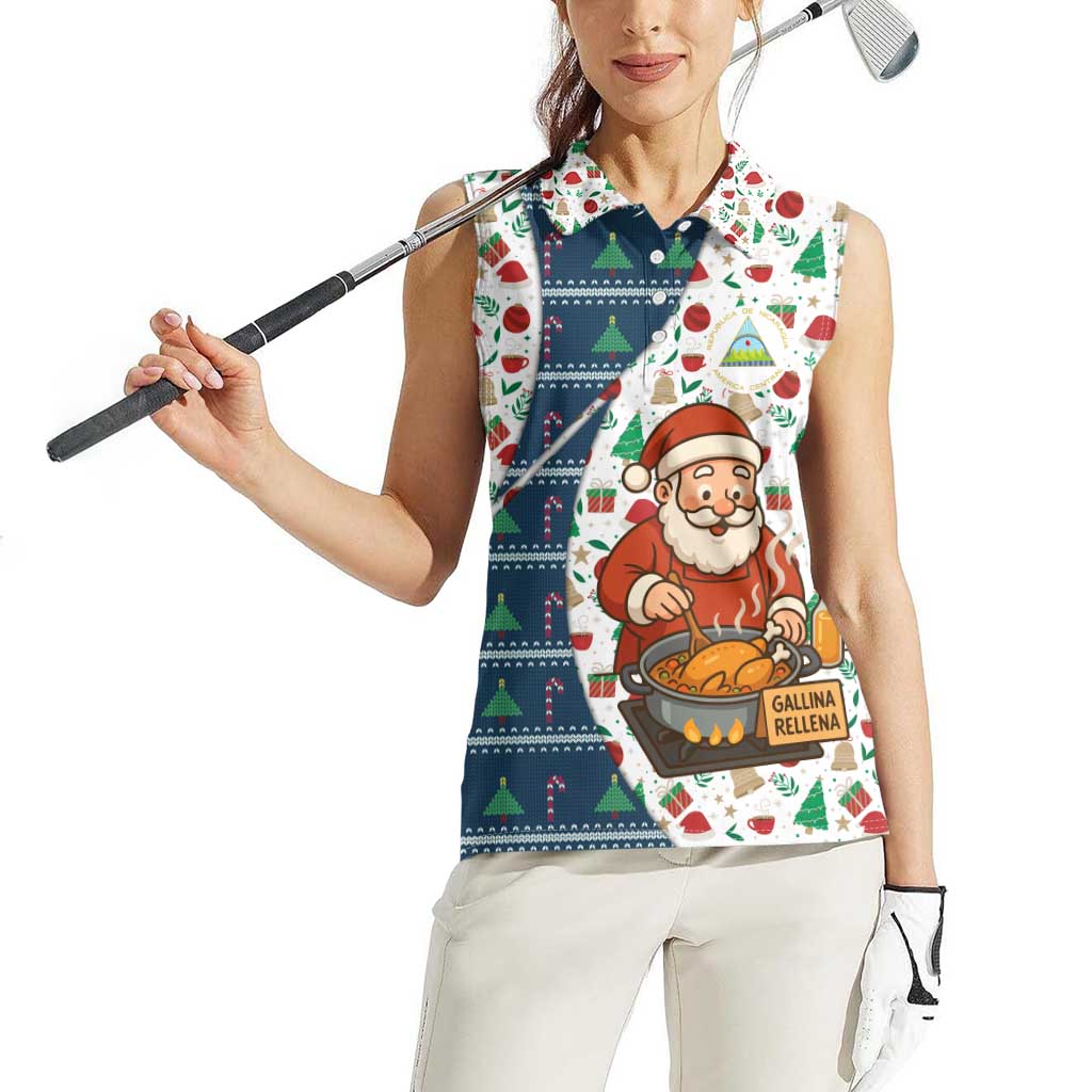 Nicaragua Christmas Women Sleeveless Polo Shirt with Santa Cooking Gallina Rellena Tree Flag and Festive Icons Design - Wonder Print Shop