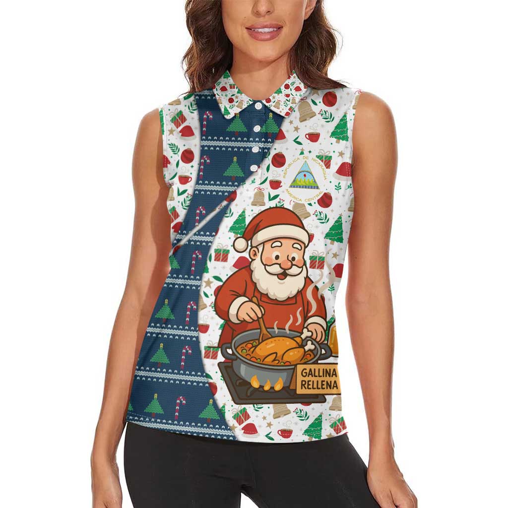 Nicaragua Christmas Women Sleeveless Polo Shirt with Santa Cooking Gallina Rellena Tree Flag and Festive Icons Design - Wonder Print Shop