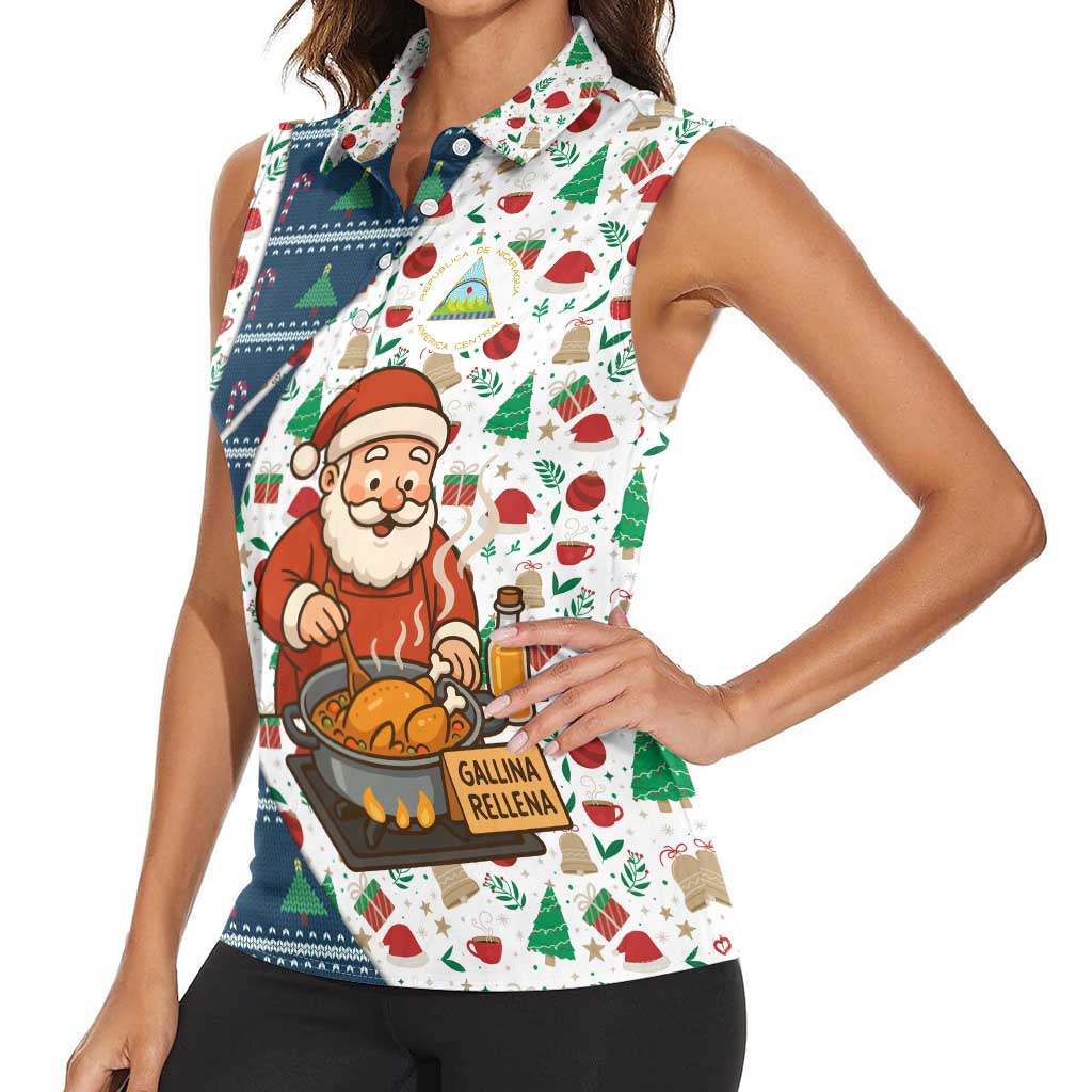 Nicaragua Christmas Women Sleeveless Polo Shirt with Santa Cooking Gallina Rellena Tree Flag and Festive Icons Design - Wonder Print Shop