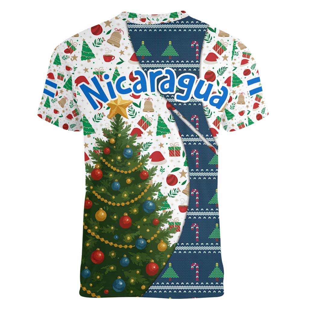 Nicaragua Christmas Women V-Neck T-Shirt with Santa Cooking Gallina Rellena Tree Flag and Festive Icons Design - Wonder Print Shop