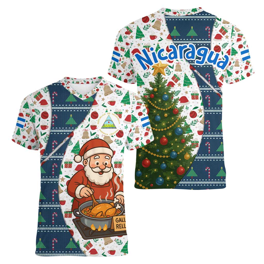 Nicaragua Christmas Women V-Neck T-Shirt with Santa Cooking Gallina Rellena Tree Flag and Festive Icons Design - Wonder Print Shop