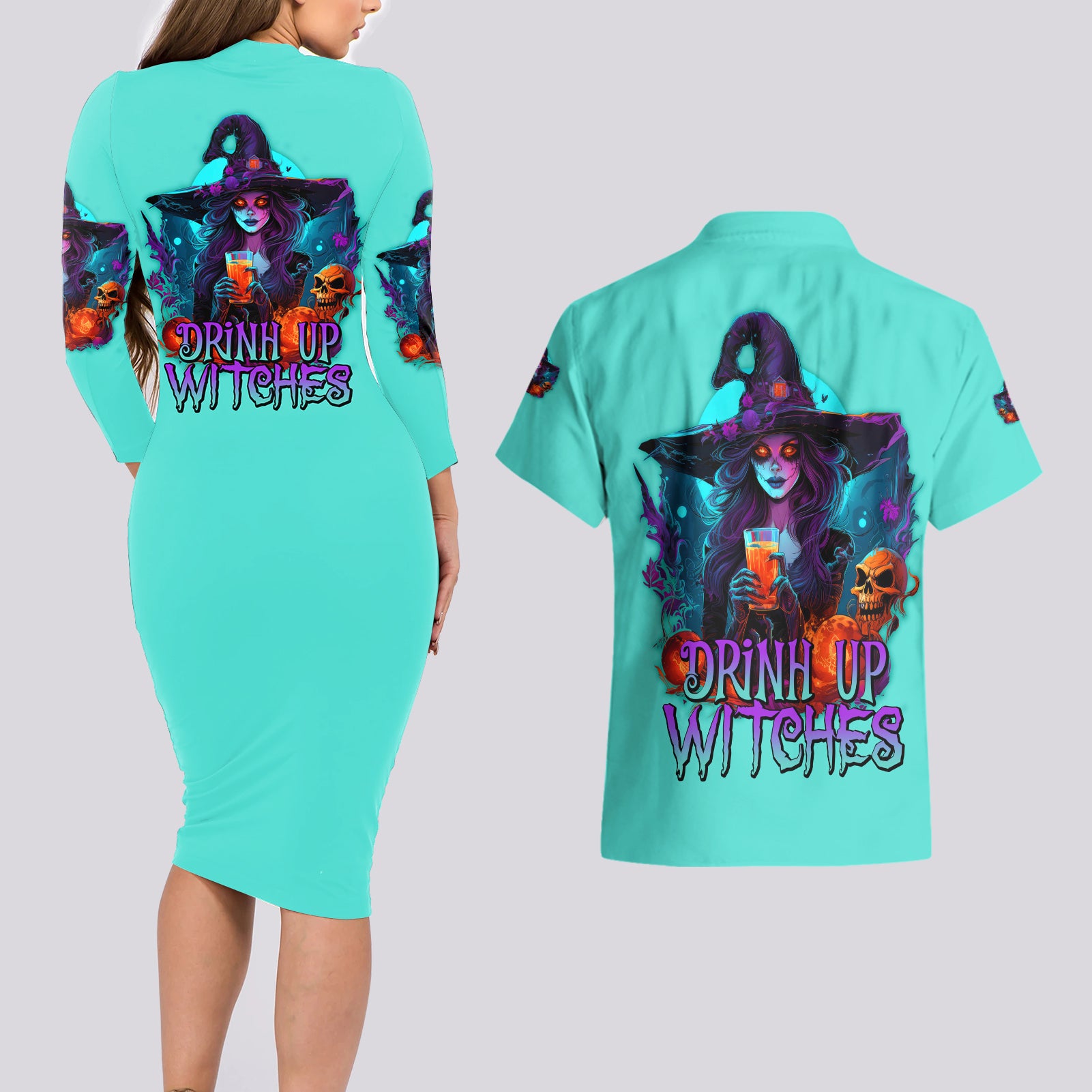 Drink Up Witches Halloween Couples Matching Long Sleeve Bodycon Dress and Hawaiian Shirt - Wonder Print Shop