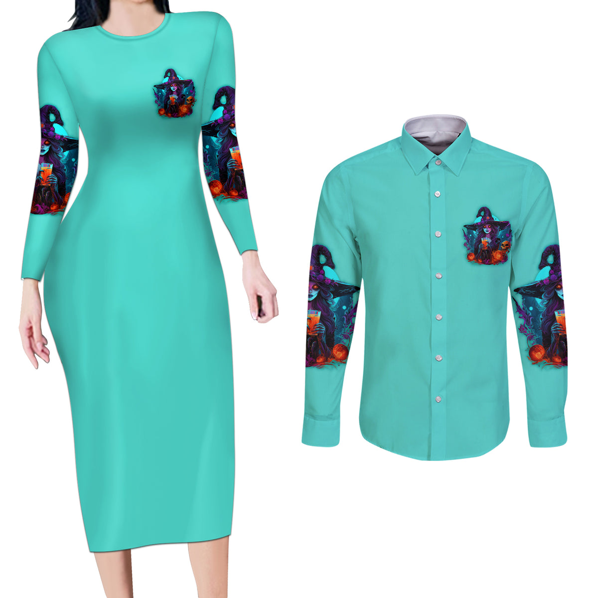 Drink Up Witches Halloween Couples Matching Long Sleeve Bodycon Dress and Long Sleeve Button Shirt - Wonder Print Shop