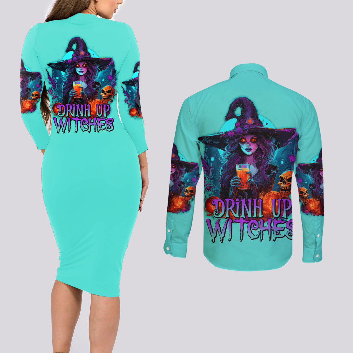 Drink Up Witches Halloween Couples Matching Long Sleeve Bodycon Dress and Long Sleeve Button Shirt - Wonder Print Shop