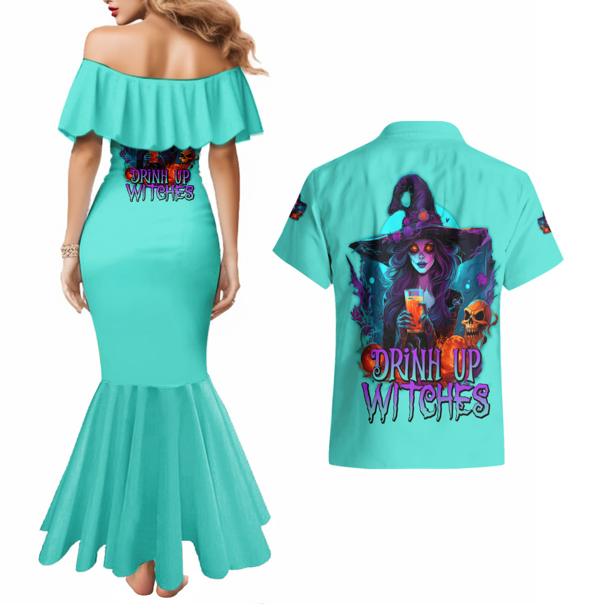 Drink Up Witches Halloween Couples Matching Mermaid Dress and Hawaiian Shirt - Wonder Print Shop