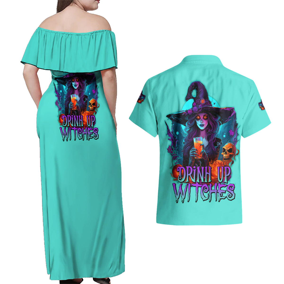 Drink Up Witches Halloween Couples Matching Off Shoulder Maxi Dress and Hawaiian Shirt - Wonder Print Shop