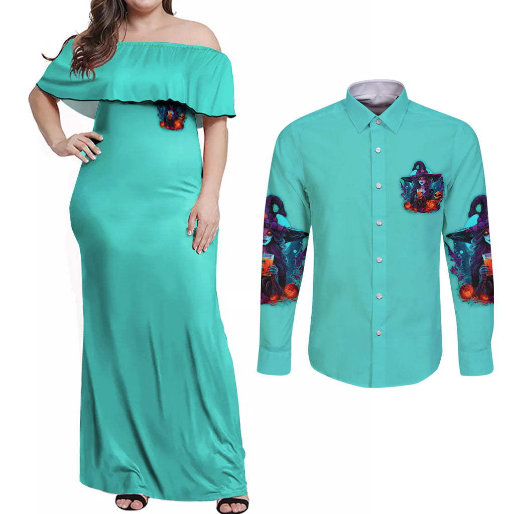 Drink Up Witches Halloween Couples Matching Off Shoulder Maxi Dress and Long Sleeve Button Shirt - Wonder Print Shop