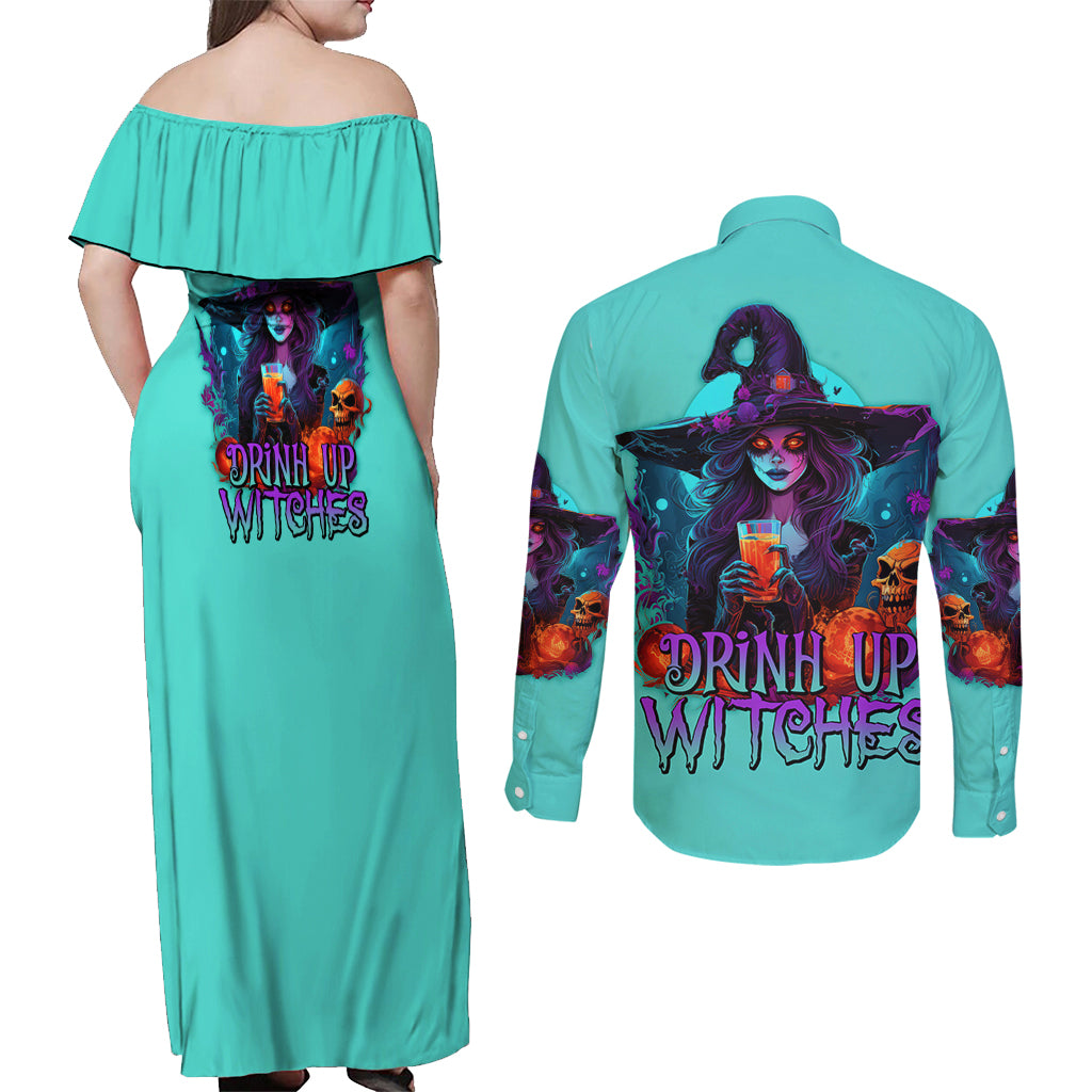 Drink Up Witches Halloween Couples Matching Off Shoulder Maxi Dress and Long Sleeve Button Shirt - Wonder Print Shop