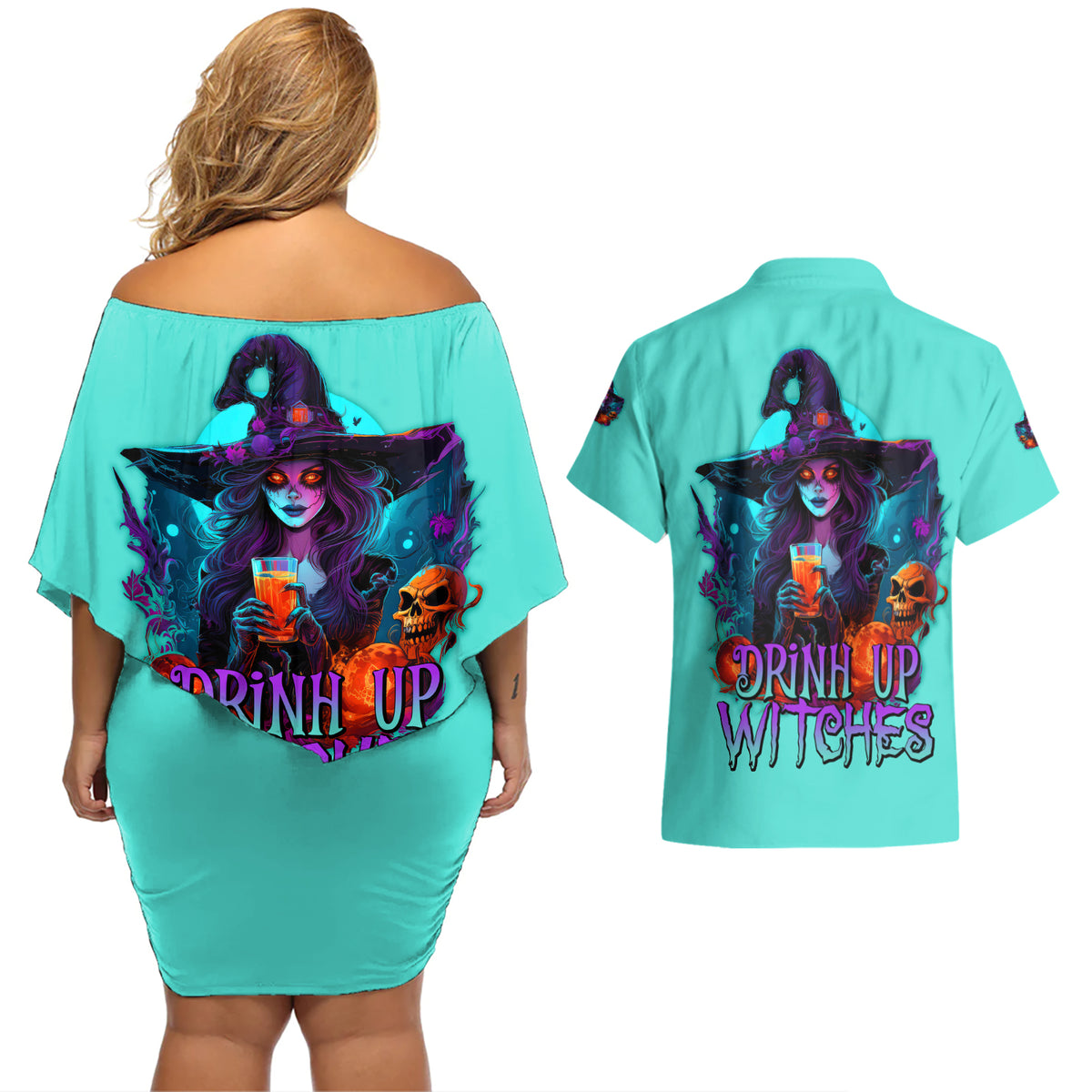 Drink Up Witches Halloween Couples Matching Off Shoulder Short Dress and Hawaiian Shirt - Wonder Print Shop