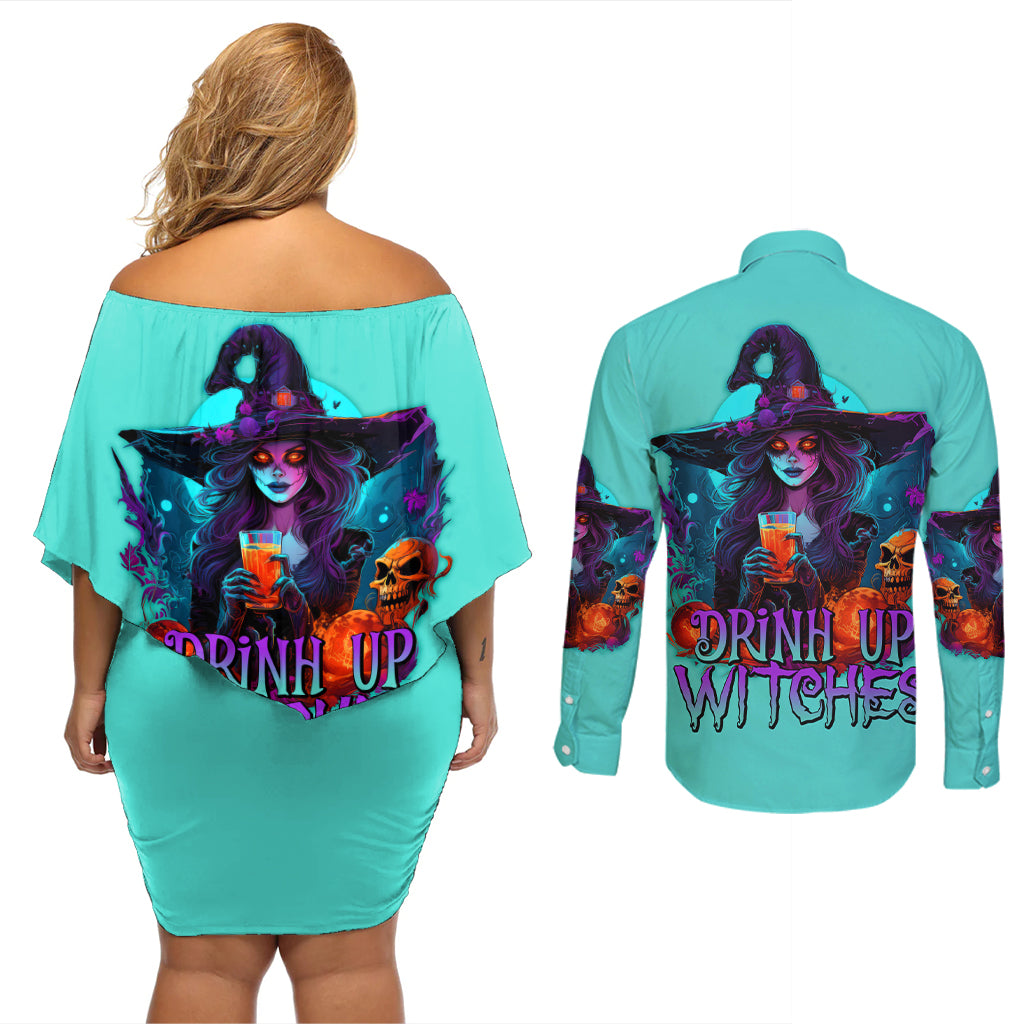 Drink Up Witches Halloween Couples Matching Off Shoulder Short Dress and Long Sleeve Button Shirt - Wonder Print Shop