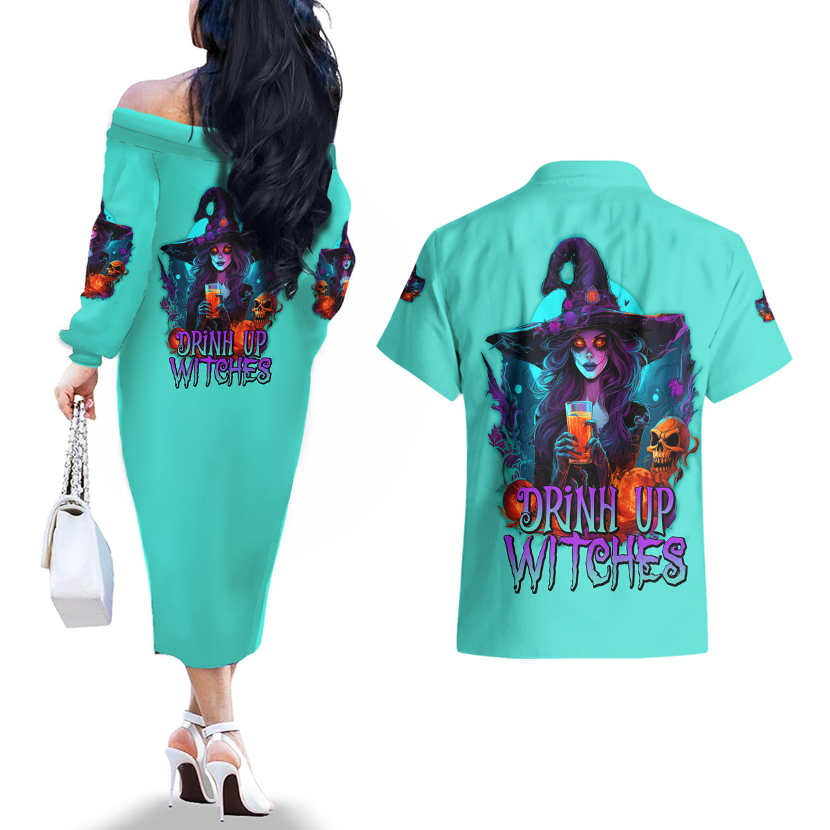 Drink Up Witches Halloween Couples Matching Off The Shoulder Long Sleeve Dress and Hawaiian Shirt - Wonder Print Shop