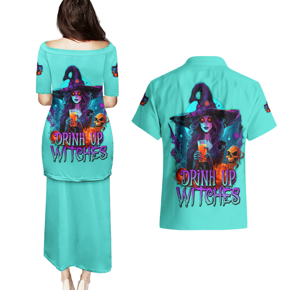 Drink Up Witches Halloween Couples Matching Puletasi Dress and Hawaiian Shirt - Wonder Print Shop