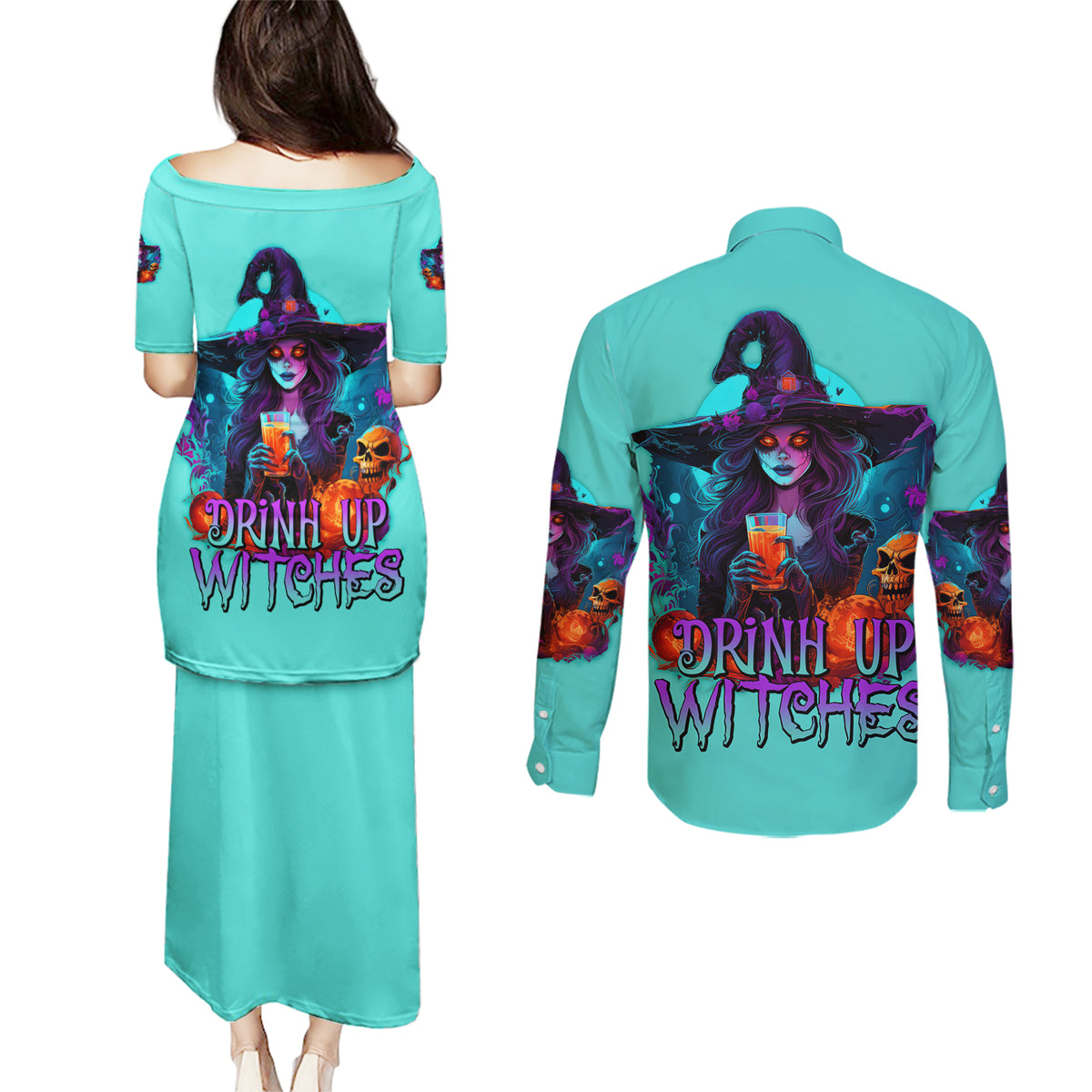 Drink Up Witches Halloween Couples Matching Puletasi Dress and Long Sleeve Button Shirt - Wonder Print Shop