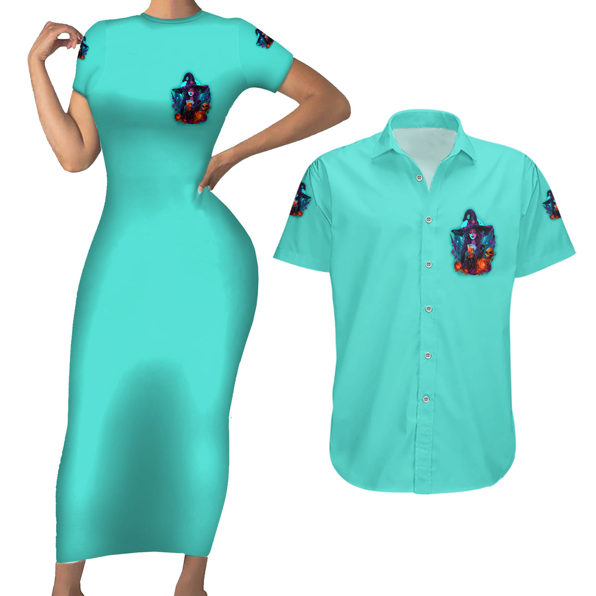 Drink Up Witches Halloween Couples Matching Short Sleeve Bodycon Dress and Hawaiian Shirt - Wonder Print Shop