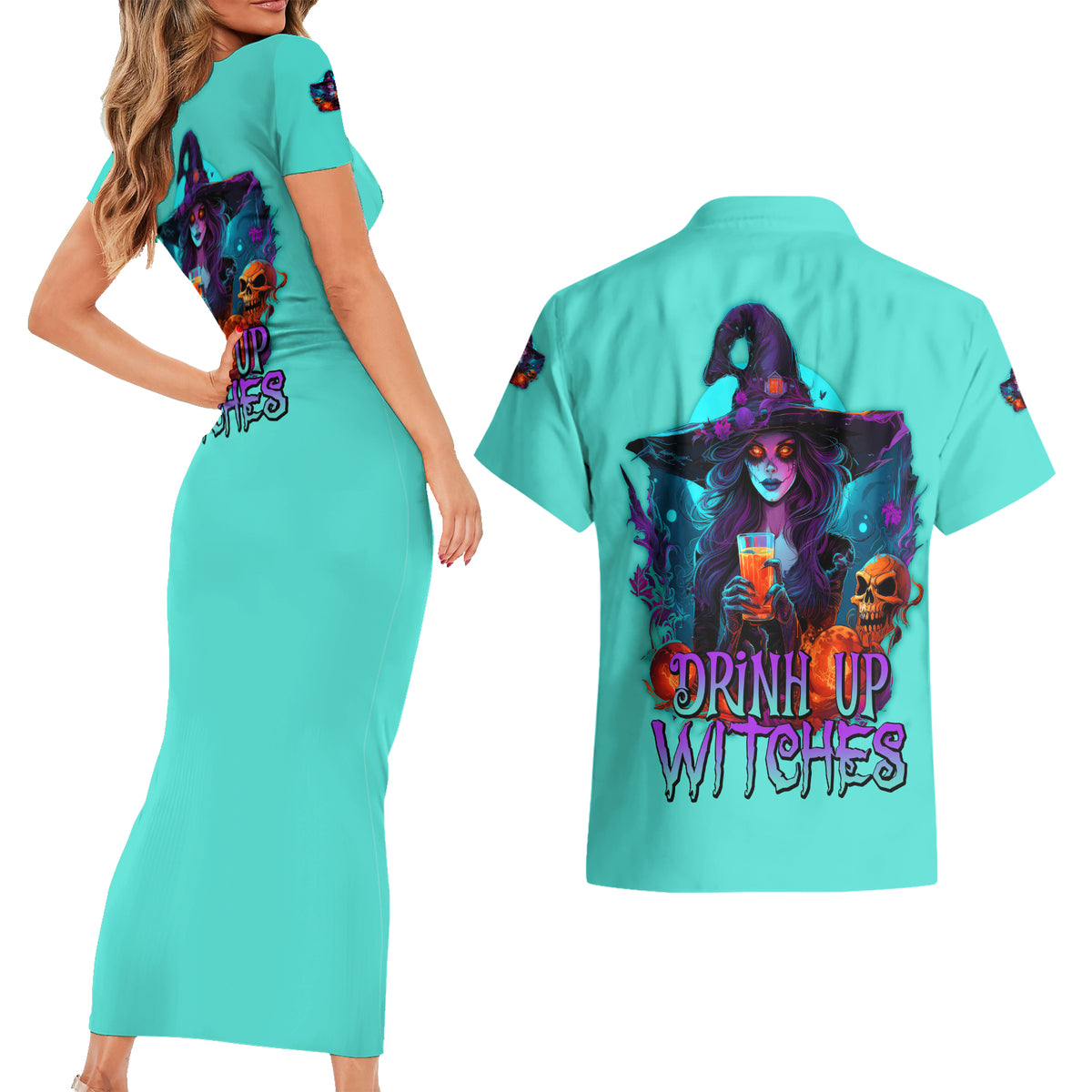 Drink Up Witches Halloween Couples Matching Short Sleeve Bodycon Dress and Hawaiian Shirt - Wonder Print Shop