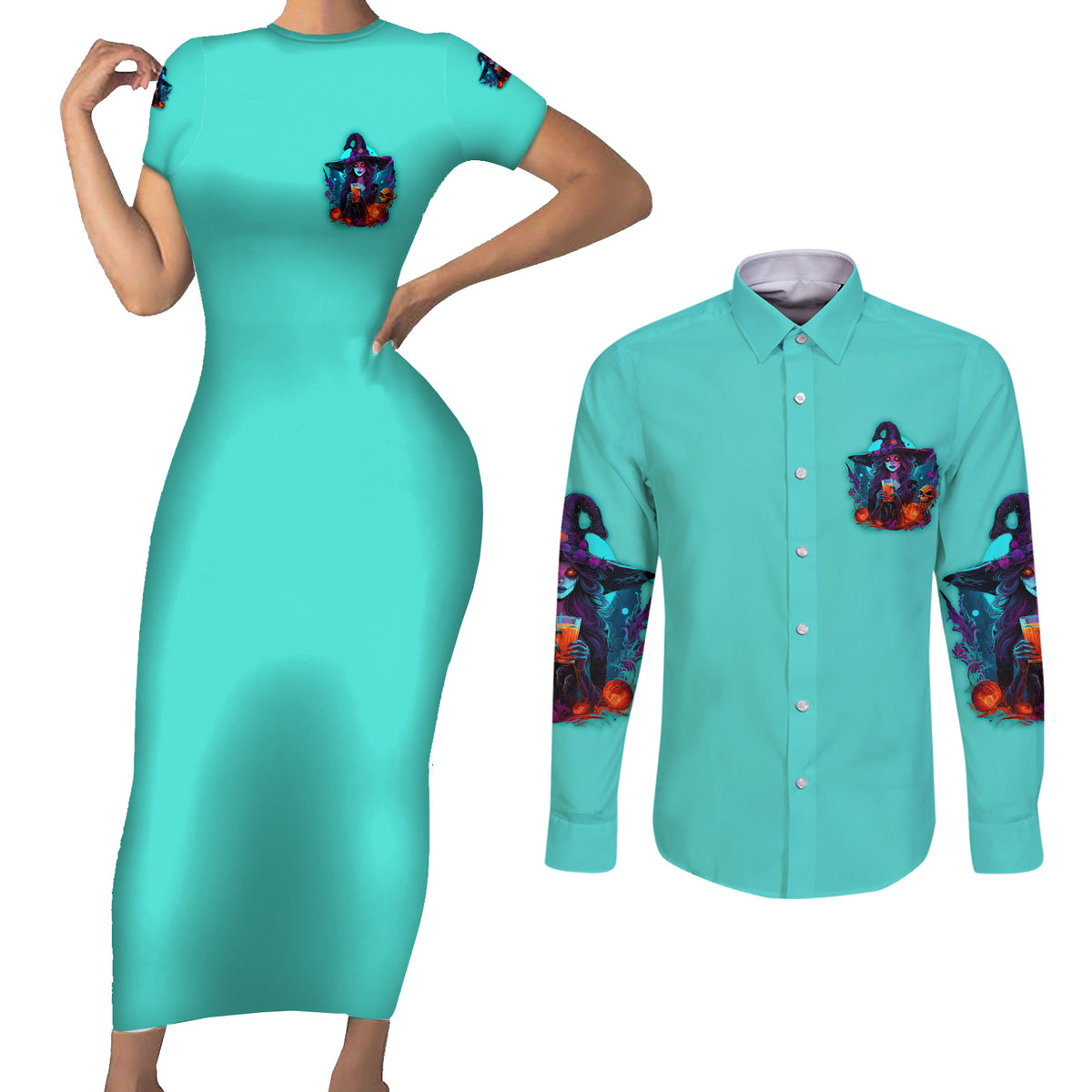 Drink Up Witches Halloween Couples Matching Short Sleeve Bodycon Dress and Long Sleeve Button Shirt - Wonder Print Shop