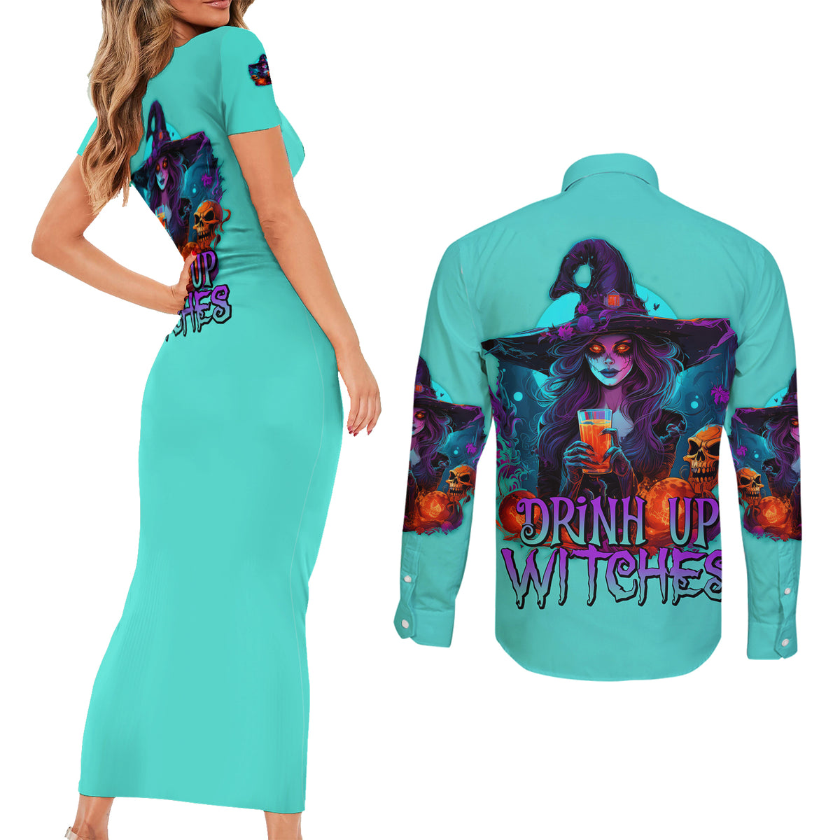 Drink Up Witches Halloween Couples Matching Short Sleeve Bodycon Dress and Long Sleeve Button Shirt - Wonder Print Shop