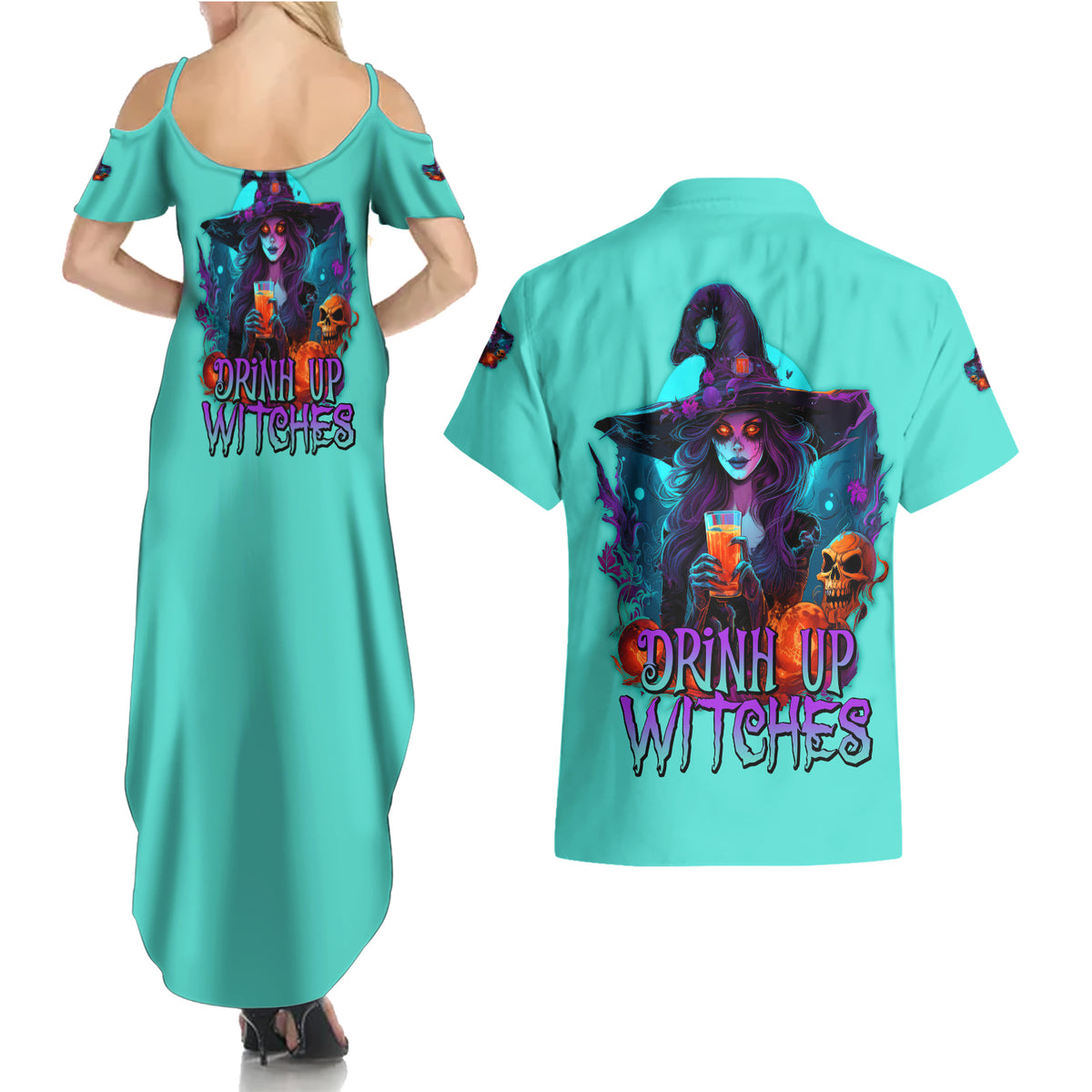 Drink Up Witches Halloween Couples Matching Summer Maxi Dress and Hawaiian Shirt - Wonder Print Shop