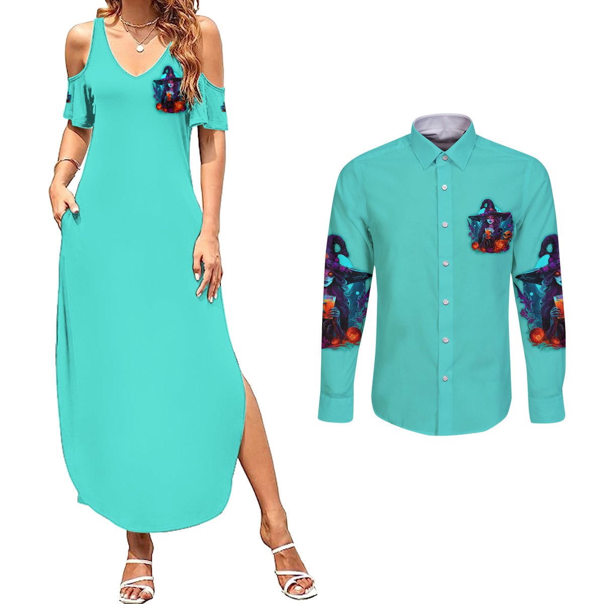 Drink Up Witches Halloween Couples Matching Summer Maxi Dress and Long Sleeve Button Shirt - Wonder Print Shop