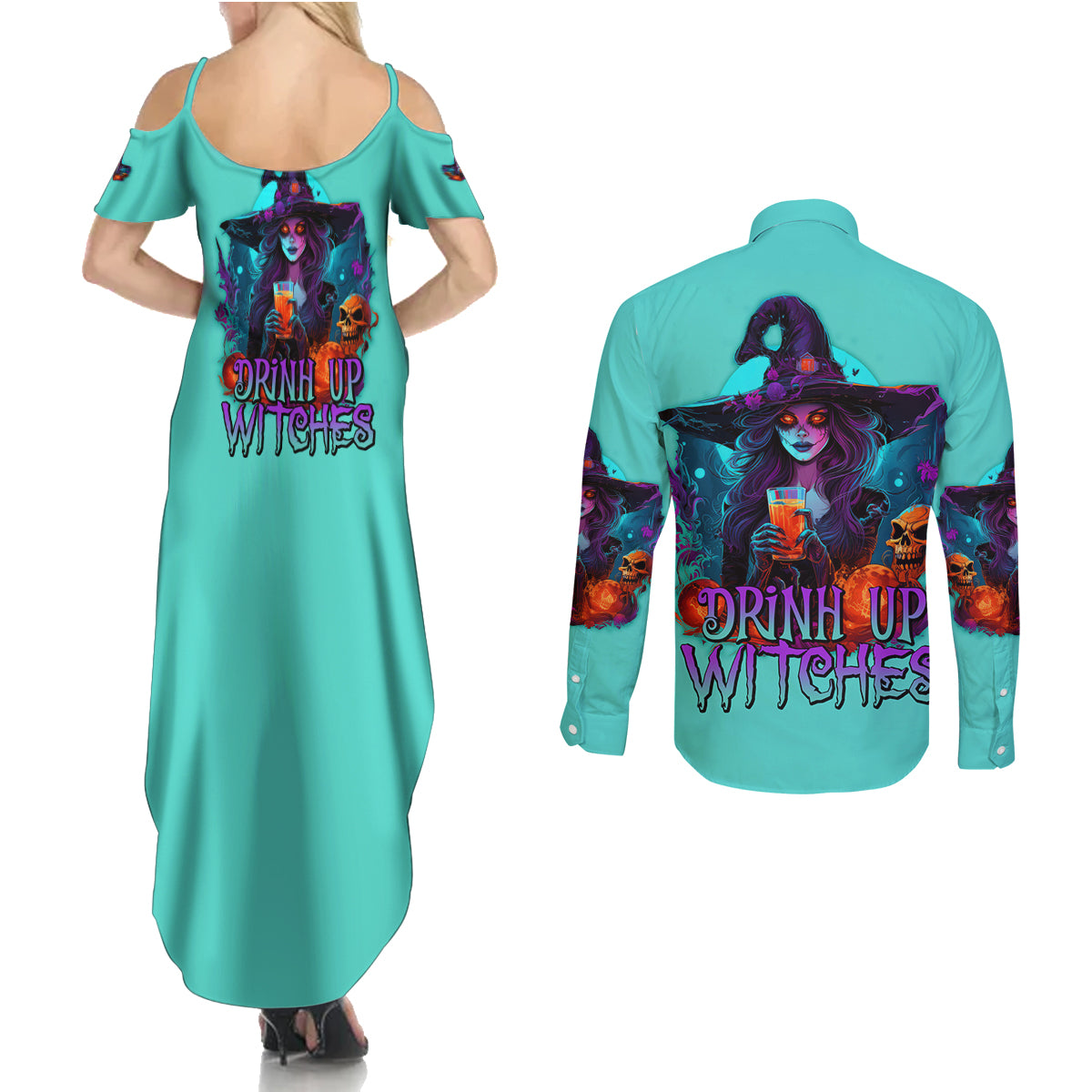 Drink Up Witches Halloween Couples Matching Summer Maxi Dress and Long Sleeve Button Shirt - Wonder Print Shop