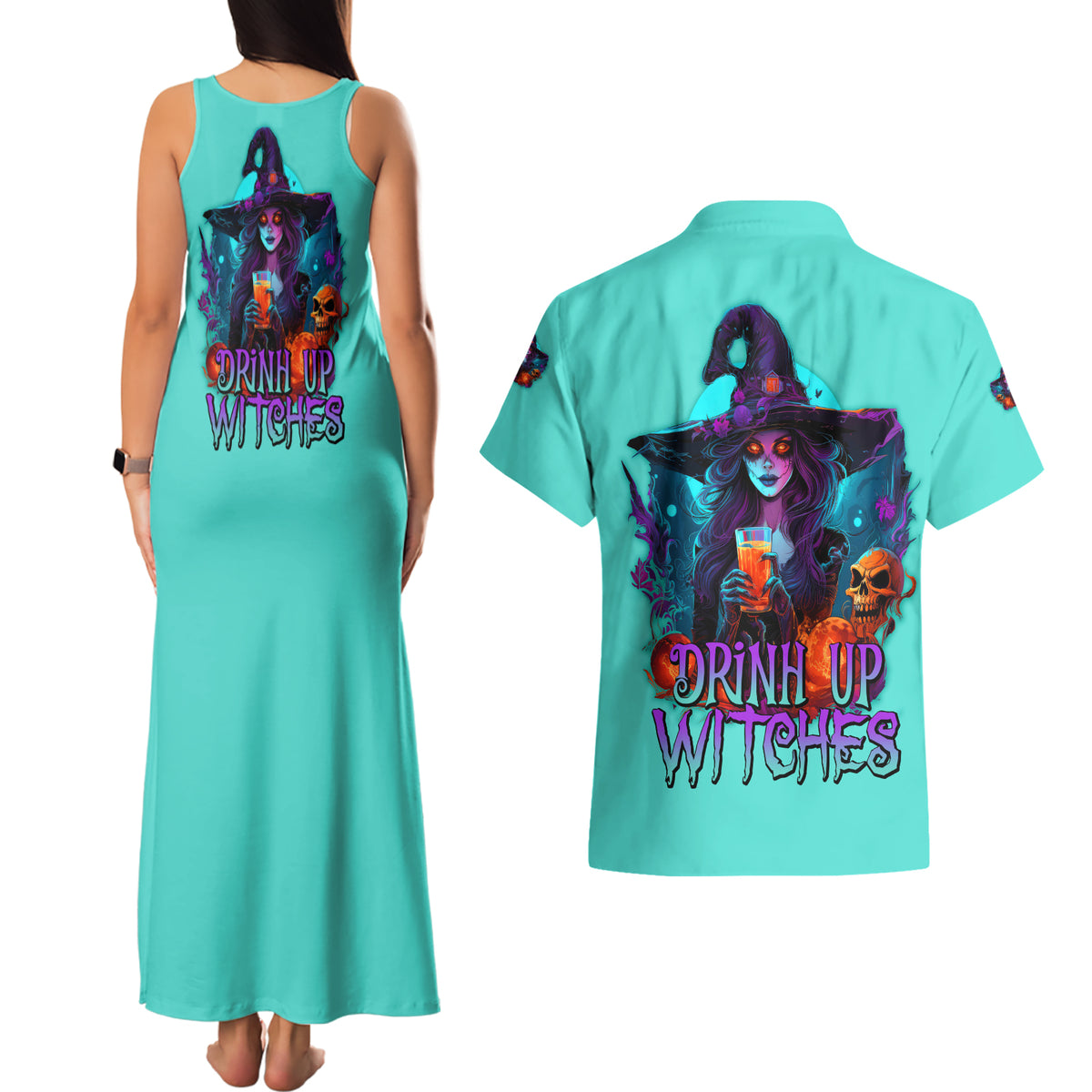 Drink Up Witches Halloween Couples Matching Tank Maxi Dress and Hawaiian Shirt - Wonder Print Shop