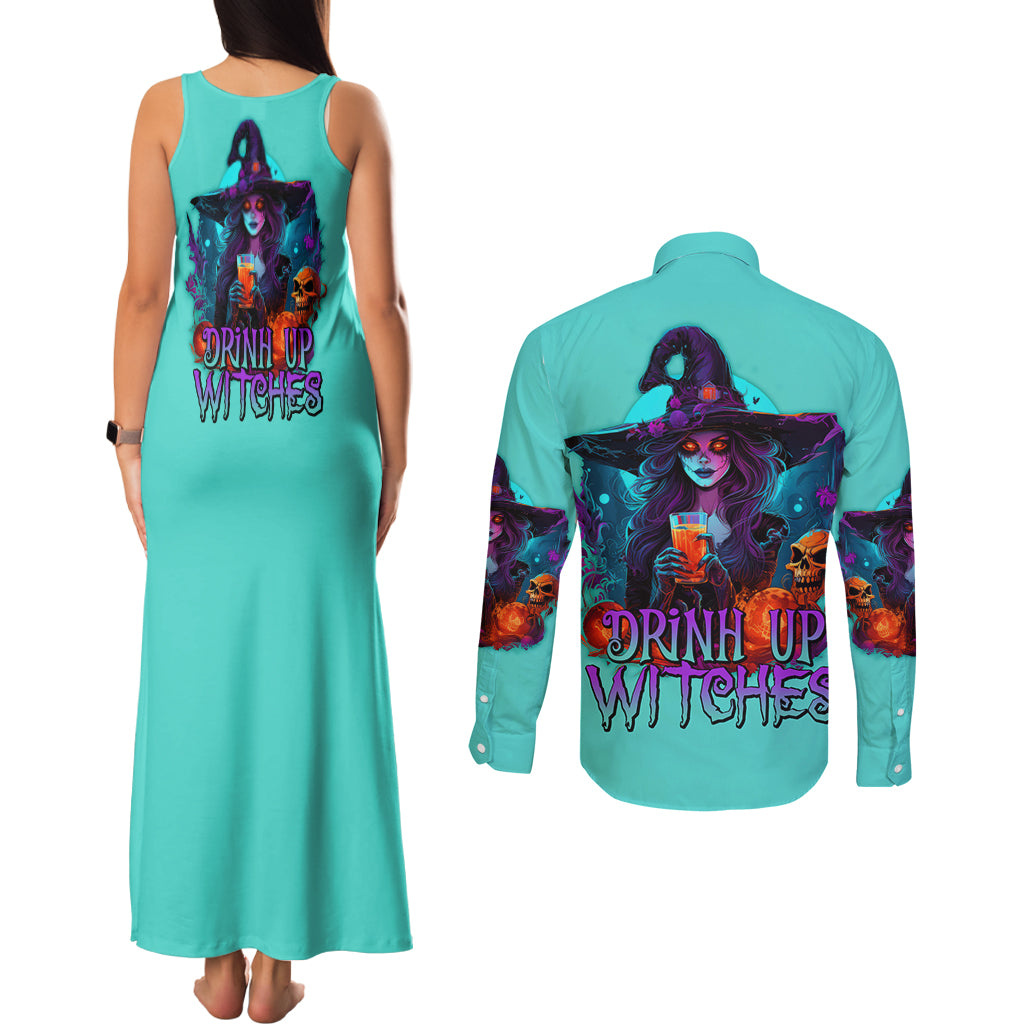Drink Up Witches Halloween Couples Matching Tank Maxi Dress and Long Sleeve Button Shirt - Wonder Print Shop