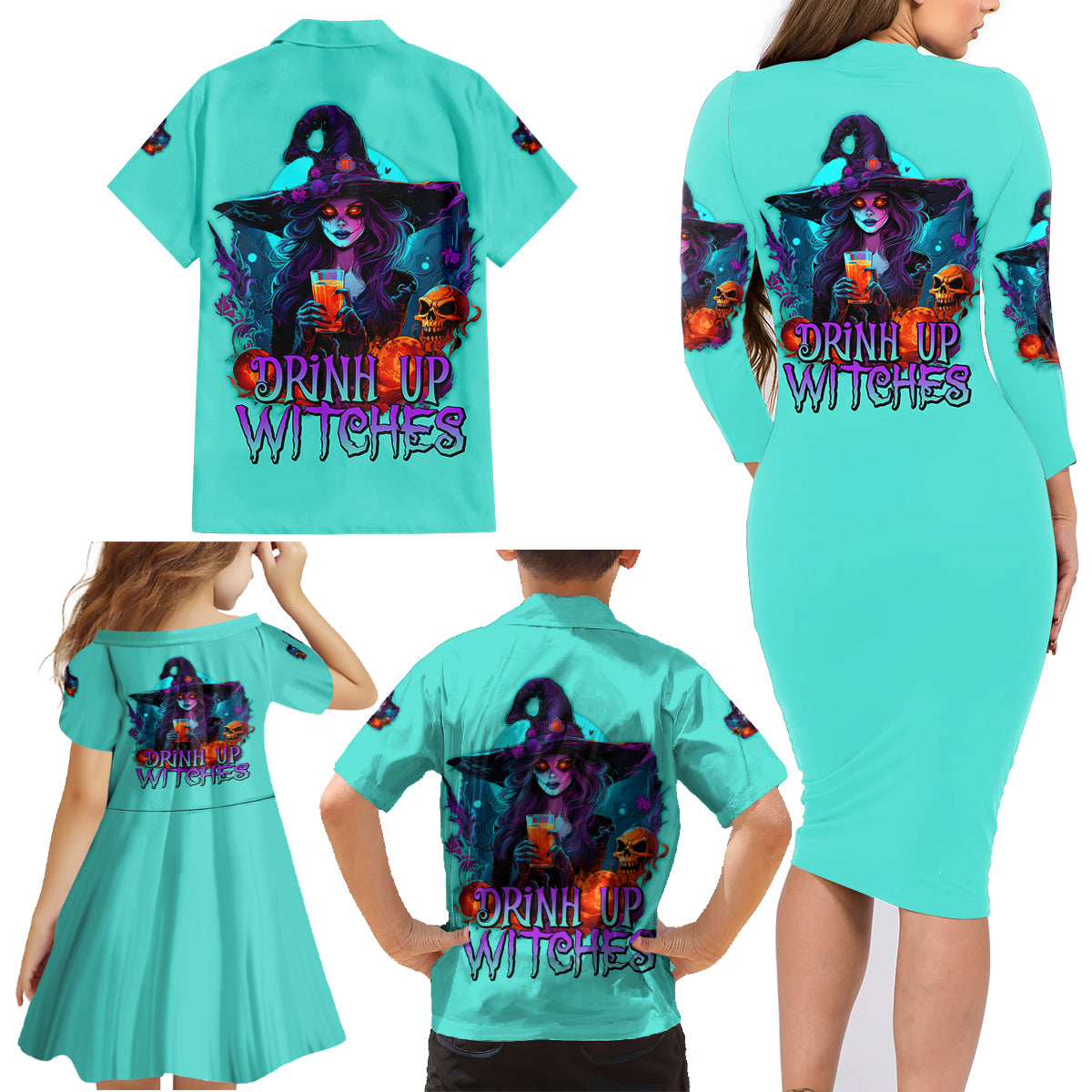 Drink Up Witches Halloween Family Matching Long Sleeve Bodycon Dress and Hawaiian Shirt - Wonder Print Shop