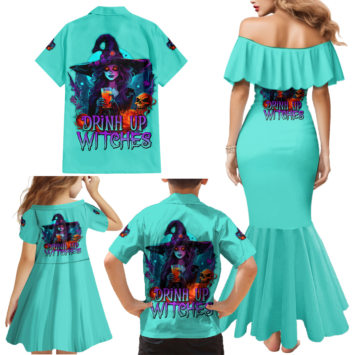 Drink Up Witches Halloween Family Matching Mermaid Dress and Hawaiian Shirt - Wonder Print Shop