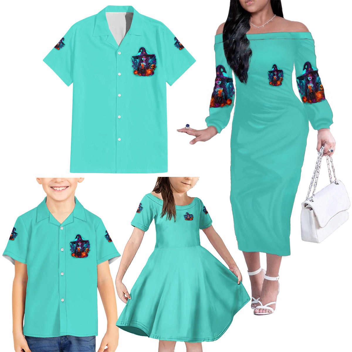 Drink Up Witches Halloween Family Matching Off Shoulder Long Sleeve Dress and Hawaiian Shirt - Wonder Print Shop