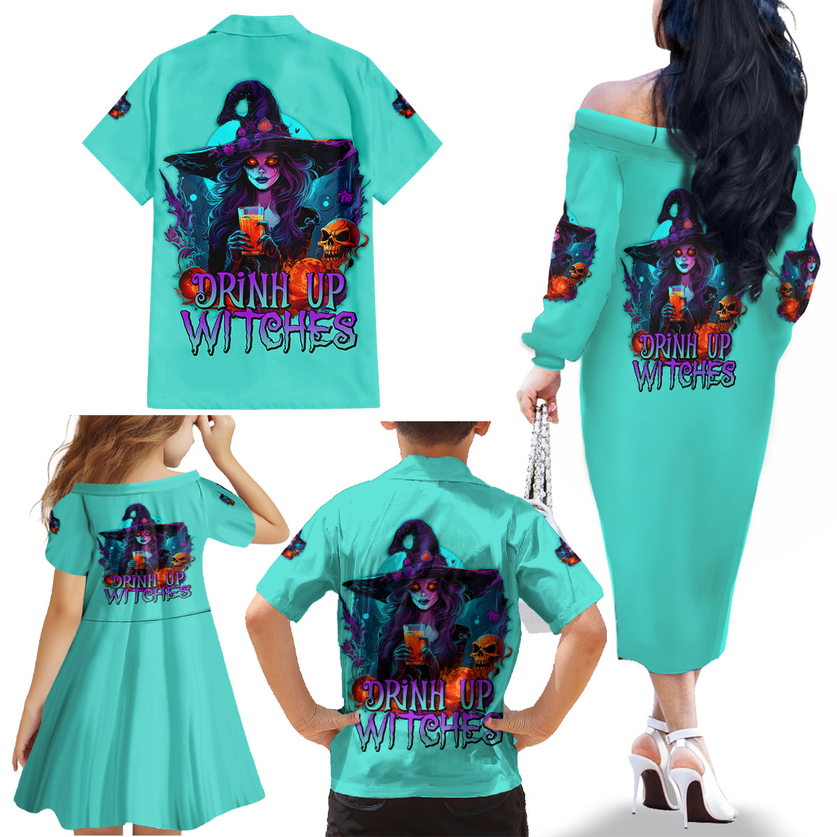 Drink Up Witches Halloween Family Matching Off Shoulder Long Sleeve Dress and Hawaiian Shirt - Wonder Print Shop