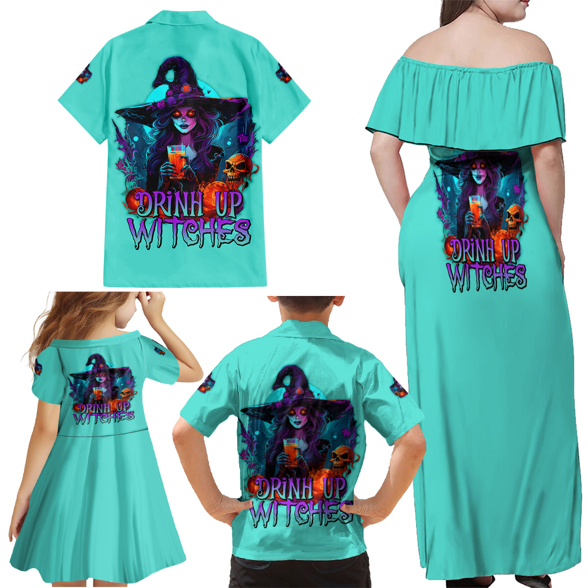 Drink Up Witches Halloween Family Matching Off Shoulder Maxi Dress and Hawaiian Shirt - Wonder Print Shop