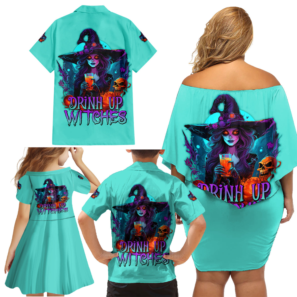 Drink Up Witches Halloween Family Matching Off Shoulder Short Dress and Hawaiian Shirt - Wonder Print Shop