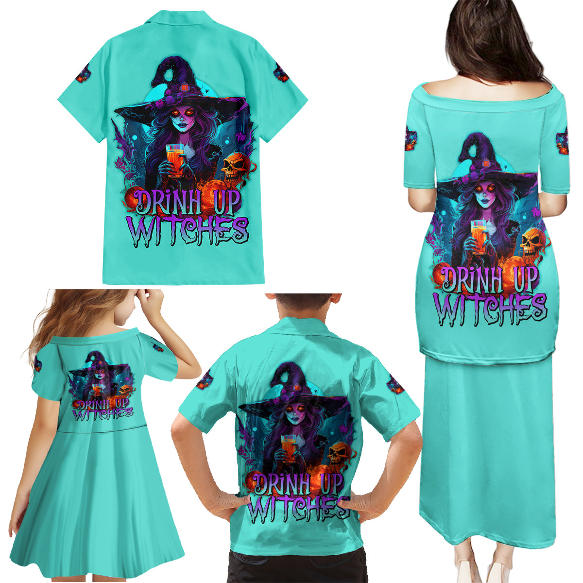 Drink Up Witches Halloween Family Matching Puletasi Dress and Hawaiian Shirt - Wonder Print Shop
