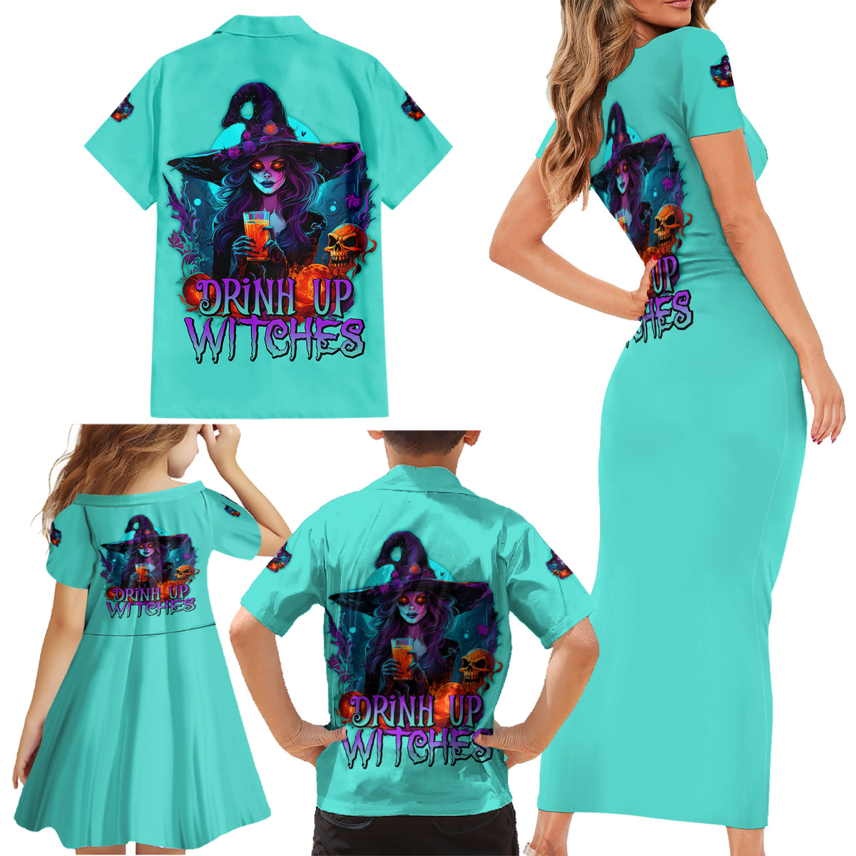 Drink Up Witches Halloween Family Matching Short Sleeve Bodycon Dress and Hawaiian Shirt - Wonder Print Shop