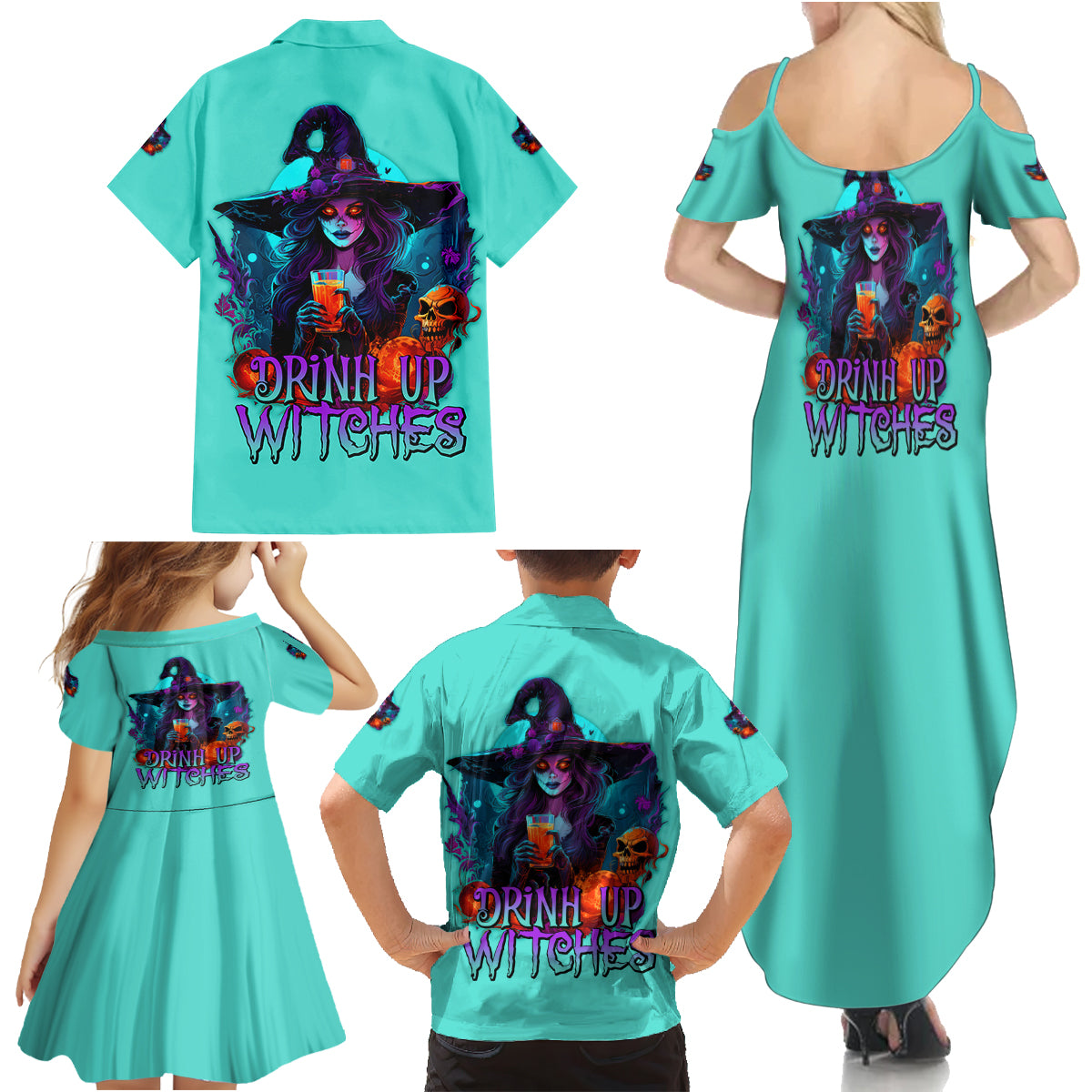 Drink Up Witches Halloween Family Matching Summer Maxi Dress and Hawaiian Shirt - Wonder Print Shop