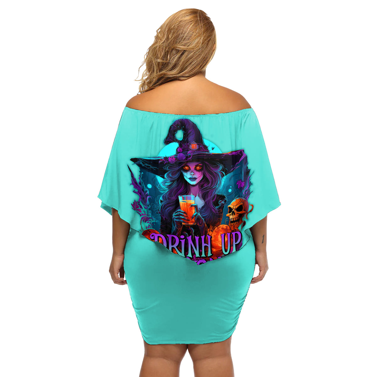 Drink Up Witches Halloween Off Shoulder Short Dress - Wonder Print Shop