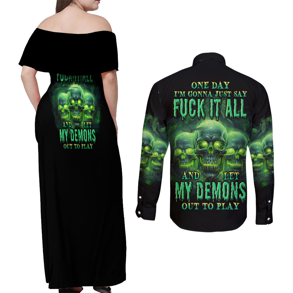 One Day I'm Gonna Just Say Couples Matching Off Shoulder Maxi Dress and Long Sleeve Button Shirt - Wonder Print Shop